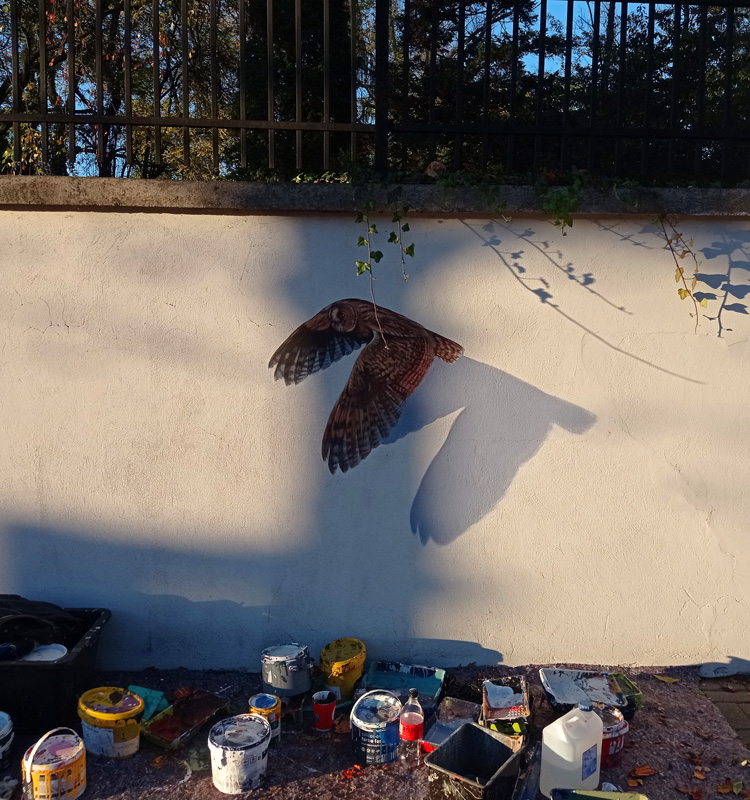Farby leżące koło muralu sowy